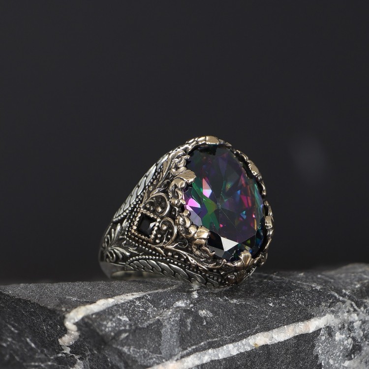 OVAL MİSTİK TOPAZ TAŞLI 925 AYAR ERKEK GÜMÜŞ YÜZÜK