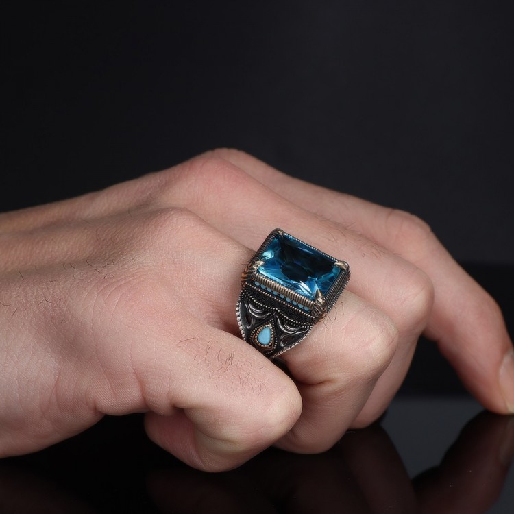 BLUE TOPAZ TAŞLI 925 AYAR ERKEK GÜMÜŞ YÜZÜK
