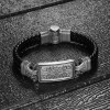 MEN'S 925 STERLING SILVER LEATHER BRACELET WITH PEN-ENCRAFTED DESIGN