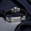 MEN'S 925 STERLING SILVER LEATHER BRACELET WITH PEN-ENCRAFTED DESIGN