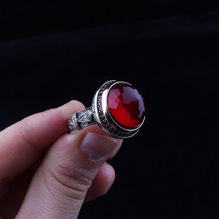 925 STERLING SILVER MEN'S RING WITH ROUND BLACK ZİRCON STONE