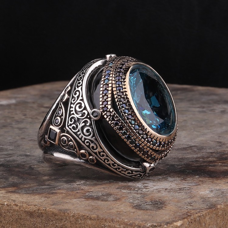 925 STERLING SILVER MEN'S RING WITH BLUE ZIRCON STONE