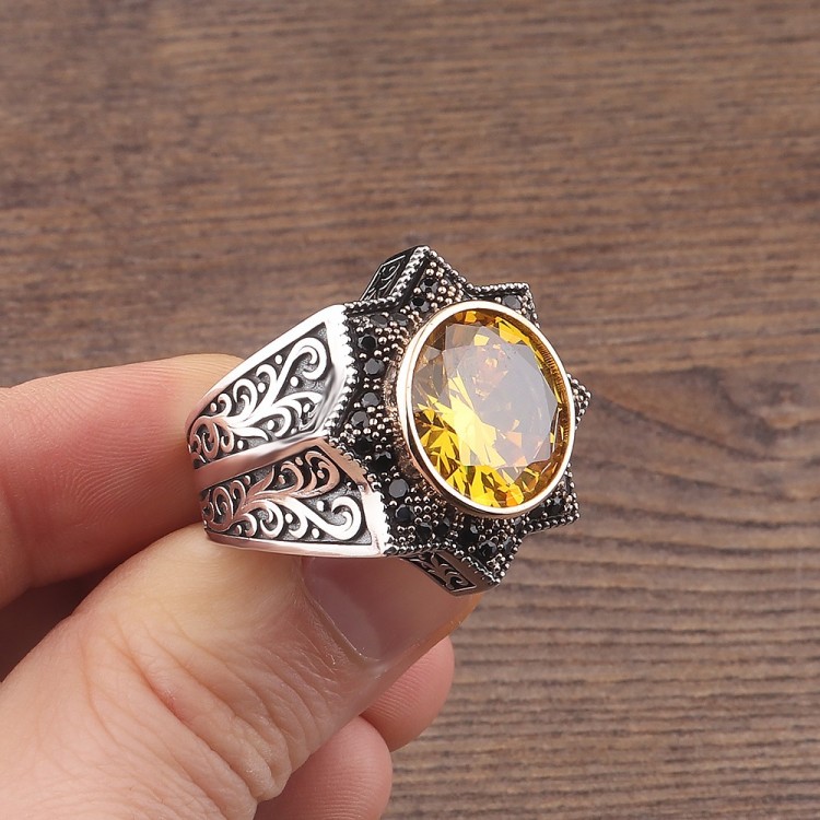 CITRINE ZİRCON STONE SELJUK STAR DESIGN 925 STERLING SILVER MEN'S RING
