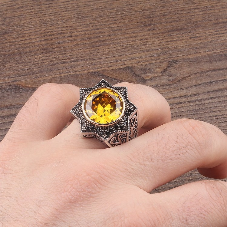CITRINE ZİRCON STONE SELJUK STAR DESIGN 925 STERLING SILVER MEN'S RING CITRINE ZİRCON STONE SELJUK STAR DESIGN 925 STERLING SILVER MEN'S RING