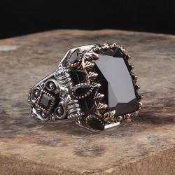 925 STERLING SILVER MEN'S RING WITH RECTANGULAR BLACK ZIRCON STONE
